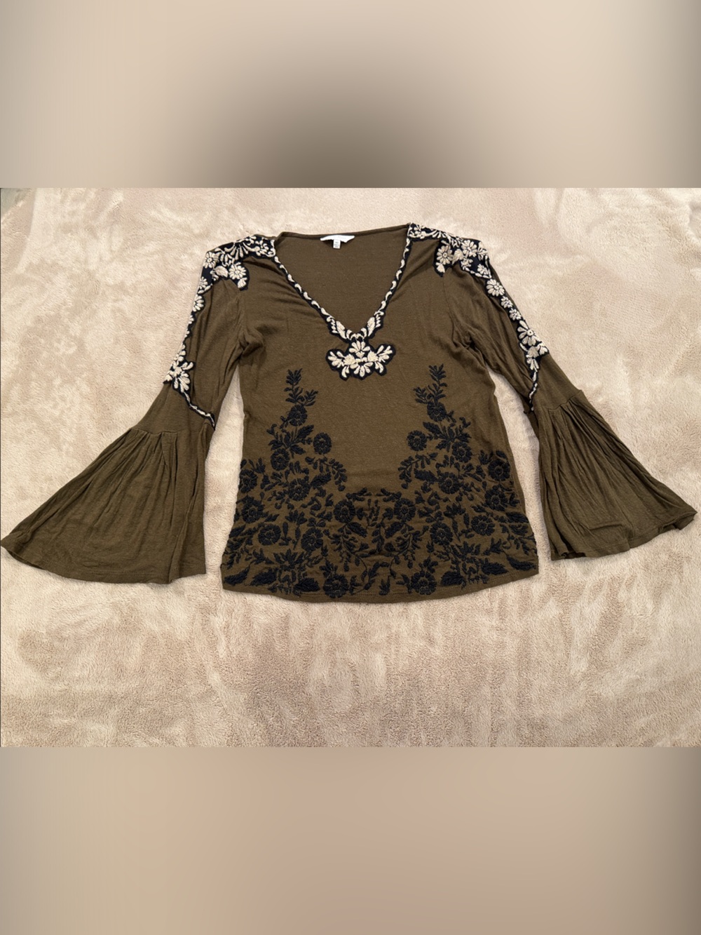 Lucky Brand Olive Green Embroidered Bell Sleeve Tunic